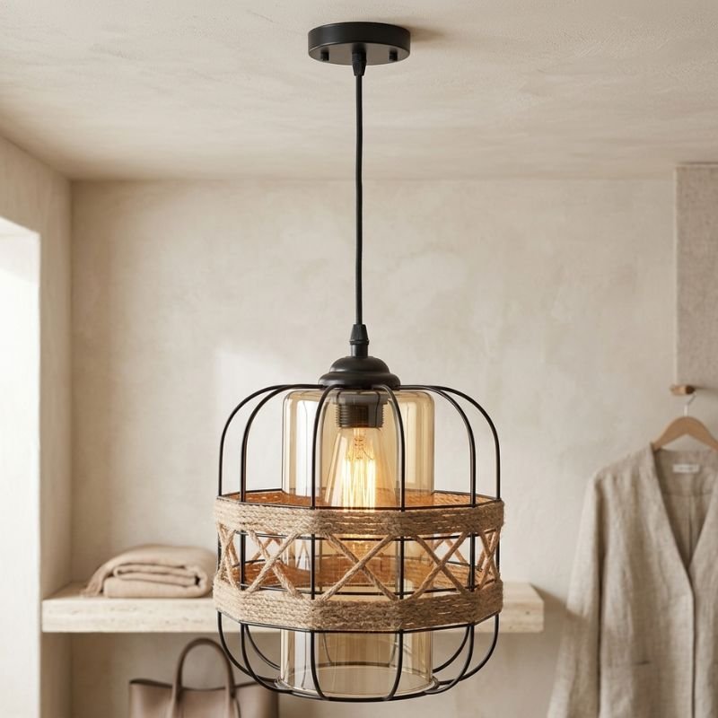 Lustre Métal Verre & Corde Jute – Image 2